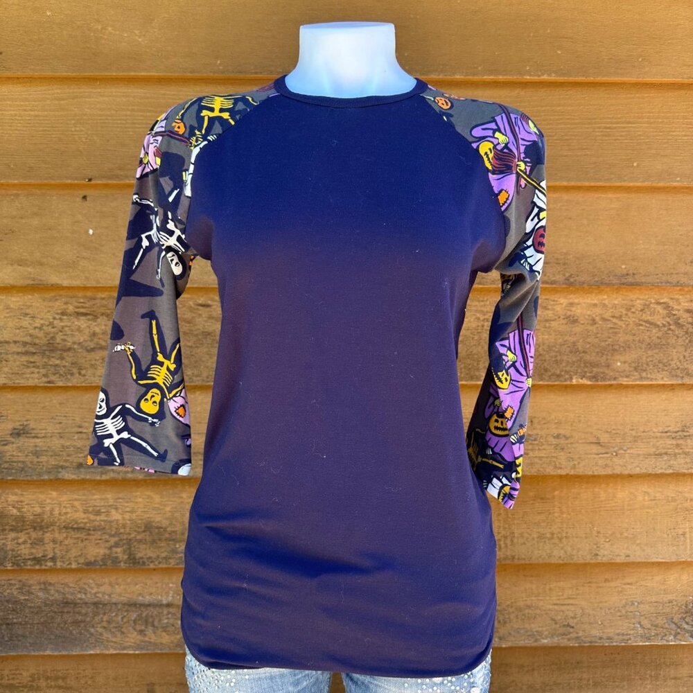 Lularoe Halloween Print Baseball Tee Blue 3/4 Sleeve Shirt Size XS